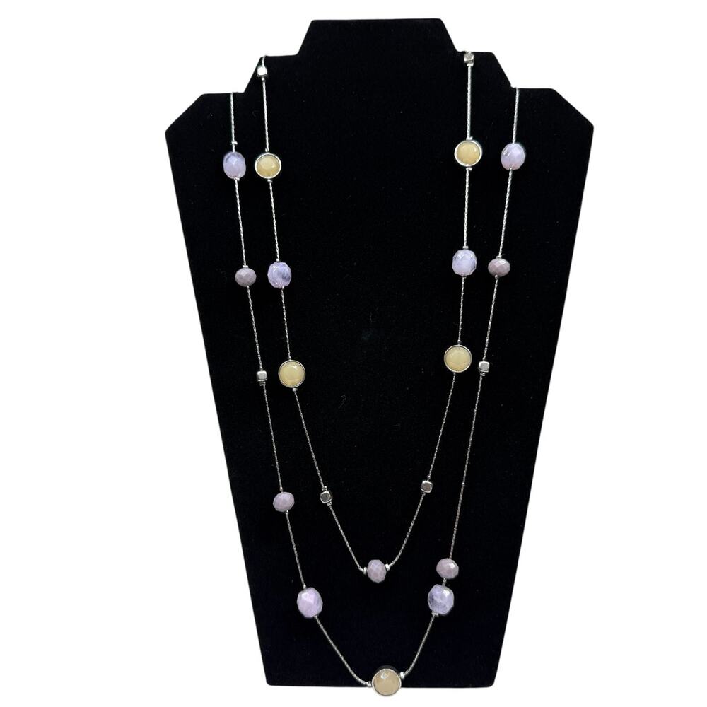 NY Silver Tone Long Multi-Strand Beaded Necklace Lavender Yellow Beads 38 in